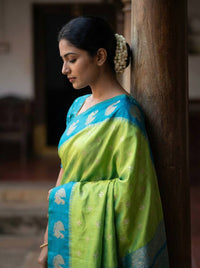 Fresh Lime Green Luxury Silk Saree with Teal Blue Banarasi Peacock Border & Silver Zari Buttas