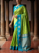 Fresh Lime Green Luxury Silk Saree with Teal Blue Banarasi Peacock Border & Silver Zari Buttas