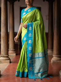 Fresh Lime Green Luxury Silk Saree with Teal Blue Banarasi Peacock Border & Silver Zari Buttas