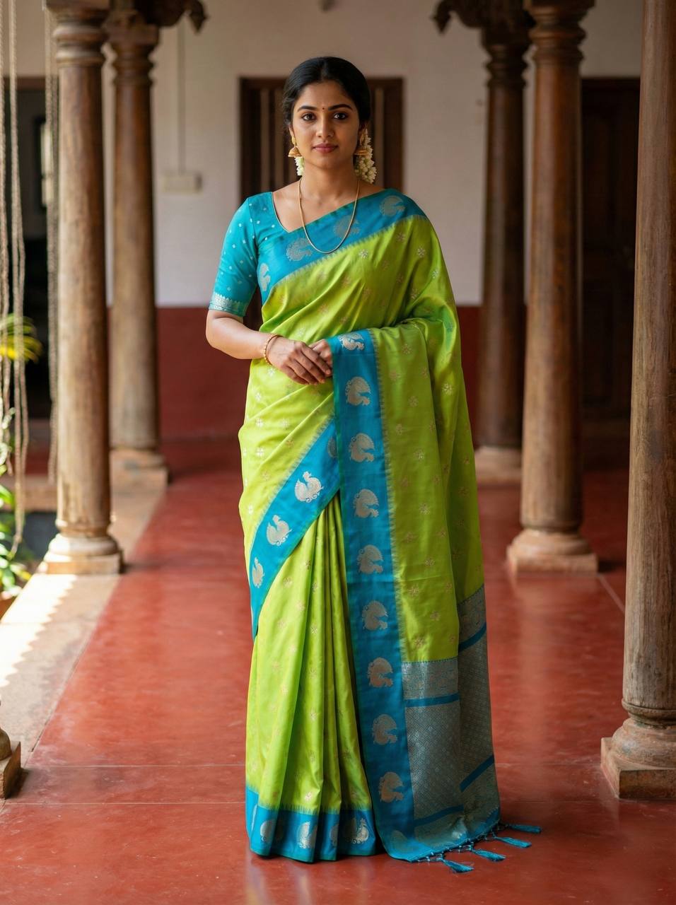 Fresh Lime Green Luxury Silk Saree with Teal Blue Banarasi Peacock Border & Silver Zari Buttas