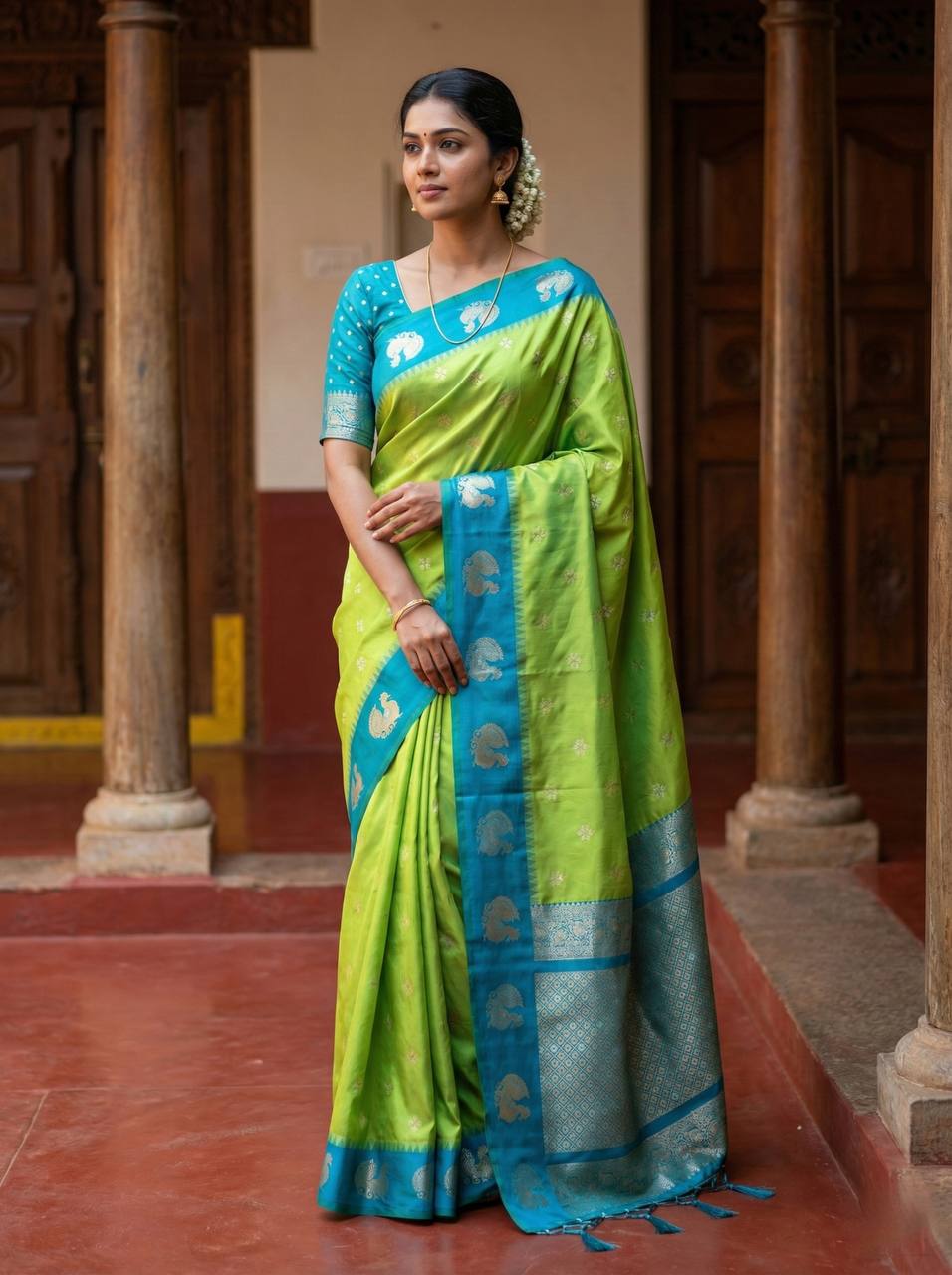 Fresh Lime Green Luxury Silk Saree with Teal Blue Banarasi Peacock Border & Silver Zari Buttas