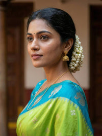 Fresh Lime Green Luxury Silk Saree with Teal Blue Banarasi Peacock Border & Silver Zari Buttas