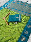 Fresh Lime Green Luxury Silk Saree with Teal Blue Banarasi Peacock Border & Silver Zari Buttas