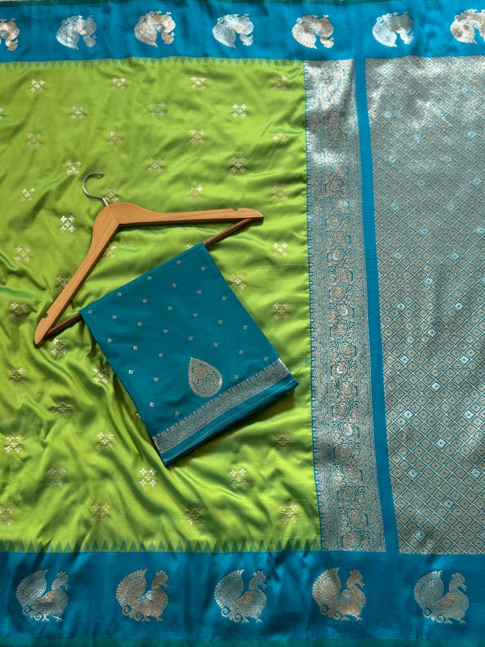 Fresh Lime Green Luxury Silk Saree with Teal Blue Banarasi Peacock Border & Silver Zari Buttas