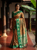 Rich Coffee Brown Luxury Silk Saree with Emerald Green Banarasi Peacock Border & Silver Zari Buttas