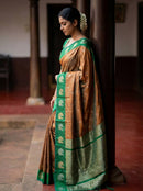 Rich Coffee Brown Luxury Silk Saree with Emerald Green Banarasi Peacock Border & Silver Zari Buttas