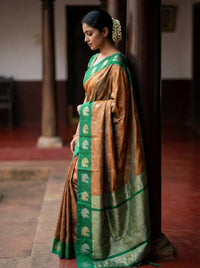 Rich Coffee Brown Luxury Silk Saree with Emerald Green Banarasi Peacock Border & Silver Zari Buttas