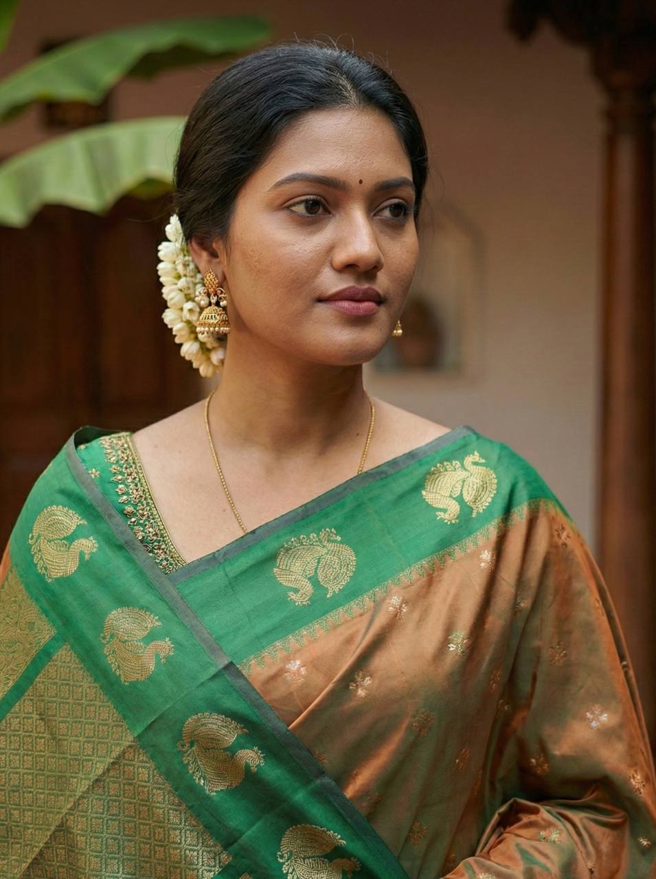 Rich Coffee Brown Luxury Silk Saree with Emerald Green Banarasi Peacock Border & Silver Zari Buttas