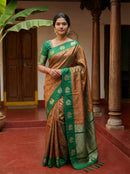 Rich Coffee Brown Luxury Silk Saree with Emerald Green Banarasi Peacock Border & Silver Zari Buttas