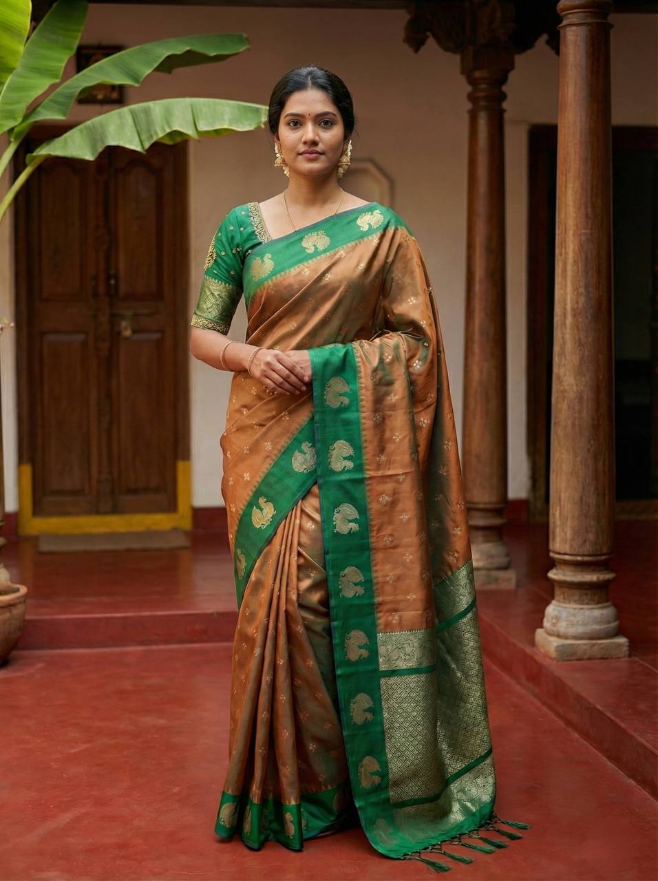 Rich Coffee Brown Luxury Silk Saree with Emerald Green Banarasi Peacock Border & Silver Zari Buttas