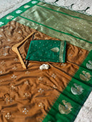 Rich Coffee Brown Luxury Silk Saree with Emerald Green Banarasi Peacock Border & Silver Zari Buttas