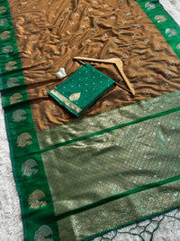 Rich Coffee Brown Luxury Silk Saree with Emerald Green Banarasi Peacock Border & Silver Zari Buttas