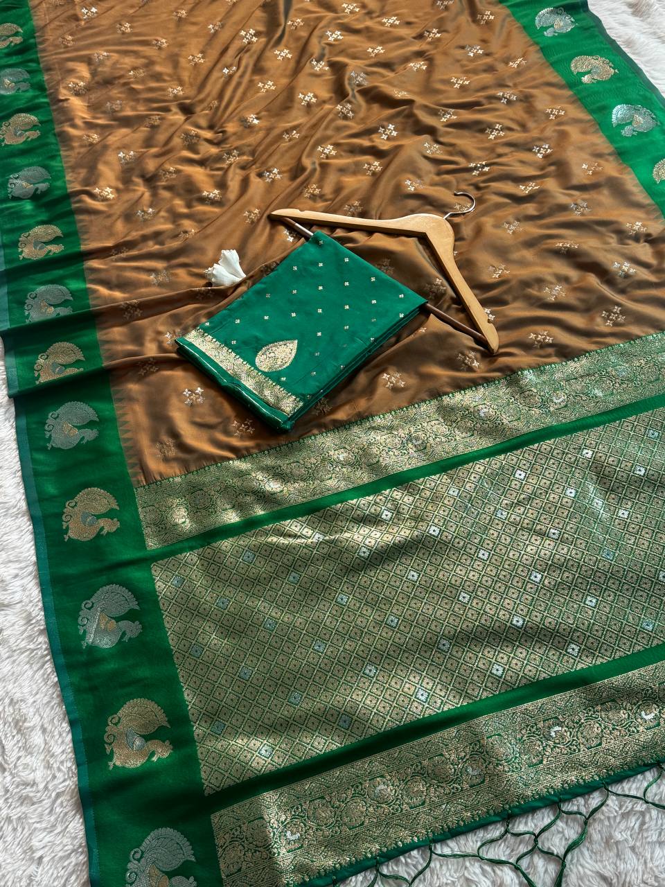 Rich Coffee Brown Luxury Silk Saree with Emerald Green Banarasi Peacock Border & Silver Zari Buttas