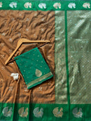 Rich Coffee Brown Luxury Silk Saree with Emerald Green Banarasi Peacock Border & Silver Zari Buttas