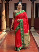 Royal Crimson Red Luxury Silk Saree with Emerald Green Banarasi Peacock Border & Silver Zari Buttas