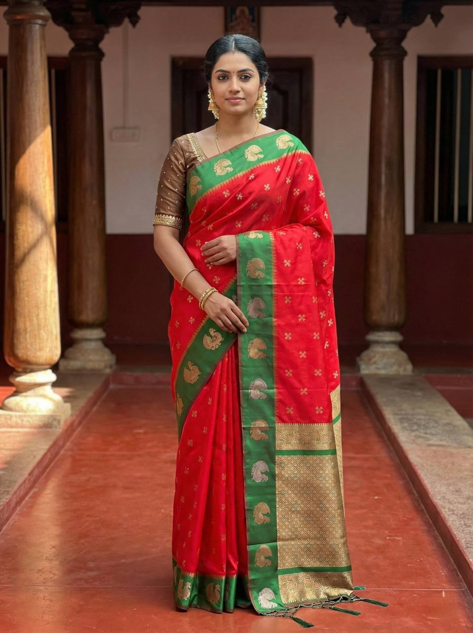 Royal Crimson Red Luxury Silk Saree with Emerald Green Banarasi Peacock Border & Silver Zari Buttas