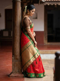 Royal Crimson Red Luxury Silk Saree with Emerald Green Banarasi Peacock Border & Silver Zari Buttas