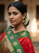 Royal Crimson Red Luxury Silk Saree with Emerald Green Banarasi Peacock Border & Silver Zari Buttas