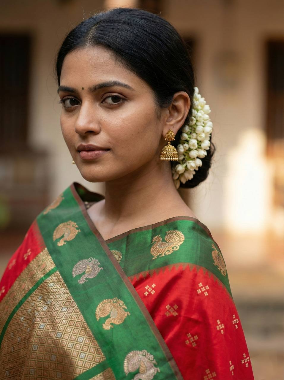 Royal Crimson Red Luxury Silk Saree with Emerald Green Banarasi Peacock Border & Silver Zari Buttas