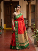 Royal Crimson Red Luxury Silk Saree with Emerald Green Banarasi Peacock Border & Silver Zari Buttas