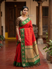 Royal Crimson Red Luxury Silk Saree with Emerald Green Banarasi Peacock Border & Silver Zari Buttas
