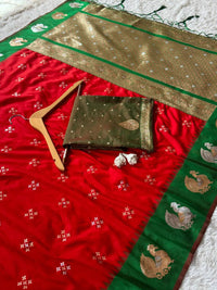 Royal Crimson Red Luxury Silk Saree with Emerald Green Banarasi Peacock Border & Silver Zari Buttas