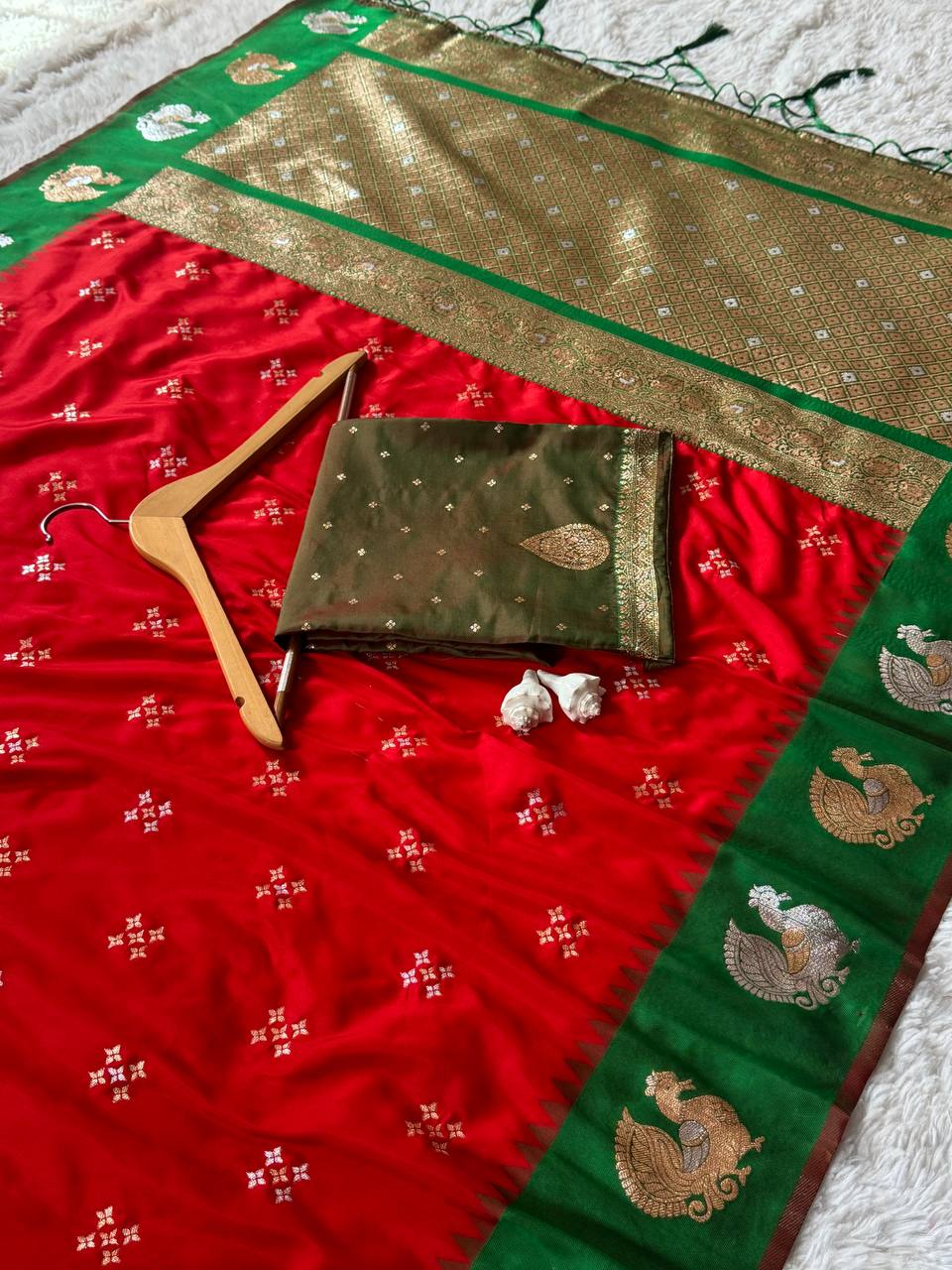 Royal Crimson Red Luxury Silk Saree with Emerald Green Banarasi Peacock Border & Silver Zari Buttas