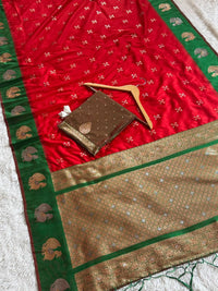 Royal Crimson Red Luxury Silk Saree with Emerald Green Banarasi Peacock Border & Silver Zari Buttas