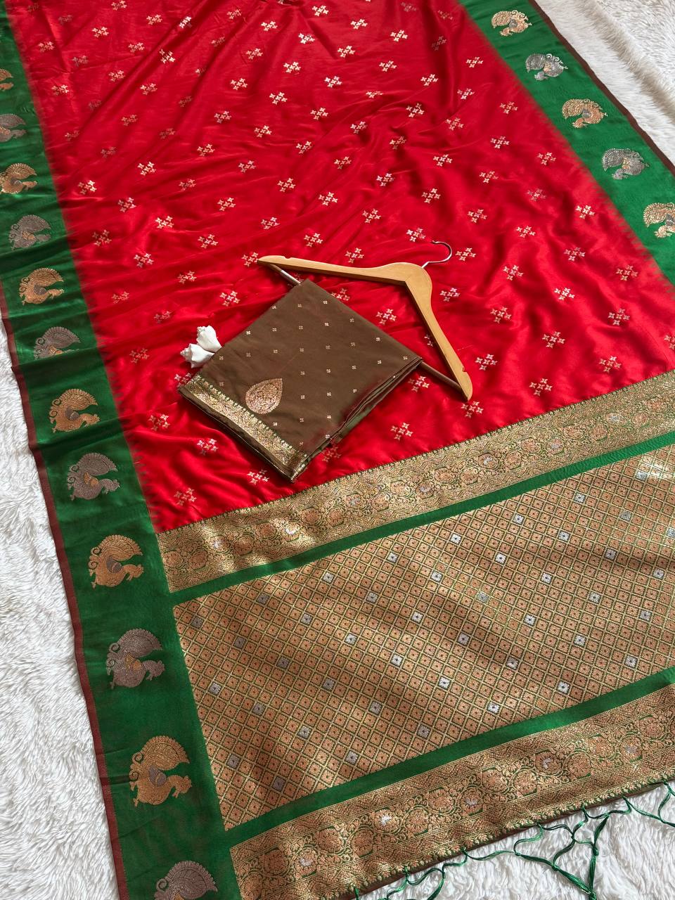 Royal Crimson Red Luxury Silk Saree with Emerald Green Banarasi Peacock Border & Silver Zari Buttas