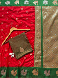 Royal Crimson Red Luxury Silk Saree with Emerald Green Banarasi Peacock Border & Silver Zari Buttas