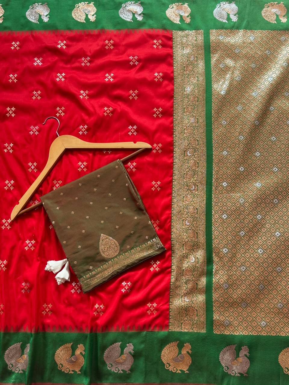 Royal Crimson Red Luxury Silk Saree with Emerald Green Banarasi Peacock Border & Silver Zari Buttas
