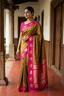 Antique Olive Gold Luxury Silk Saree with Rani Pink Banarasi Peacock Border & Silver Zari Buttas