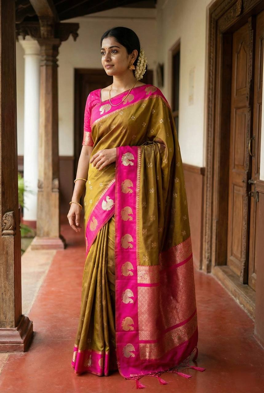 Antique Olive Gold Luxury Silk Saree with Rani Pink Banarasi Peacock Border & Silver Zari Buttas