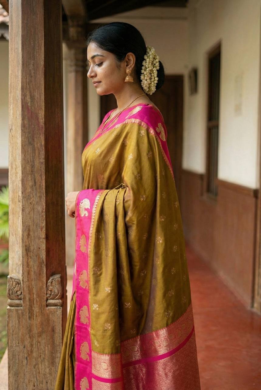 Antique Olive Gold Luxury Silk Saree with Rani Pink Banarasi Peacock Border & Silver Zari Buttas