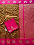 Antique Olive Gold Luxury Silk Saree with Rani Pink Banarasi Peacock Border & Silver Zari Buttas
