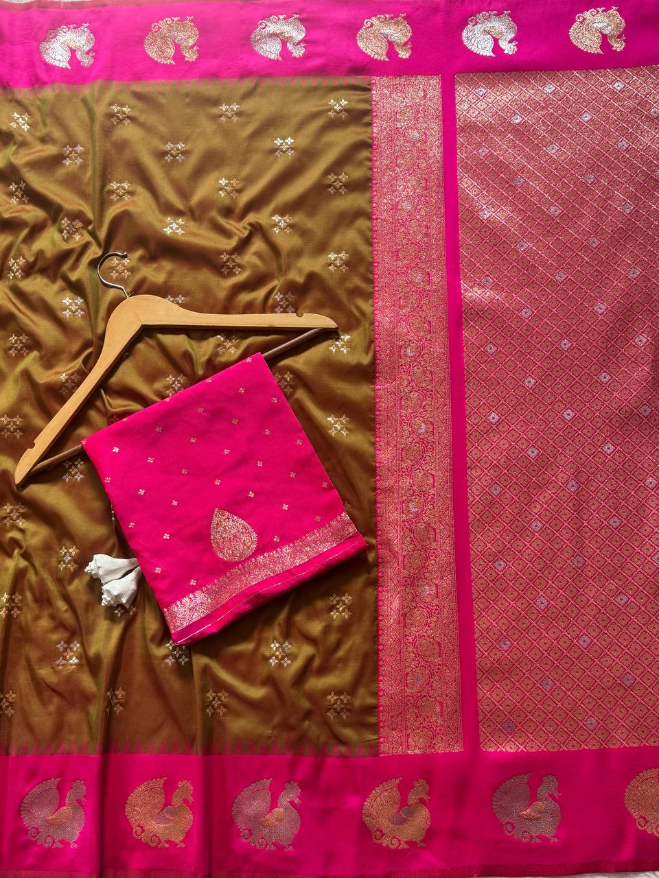Antique Olive Gold Luxury Silk Saree with Rani Pink Banarasi Peacock Border & Silver Zari Buttas