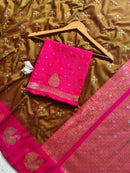 Antique Olive Gold Luxury Silk Saree with Rani Pink Banarasi Peacock Border & Silver Zari Buttas
