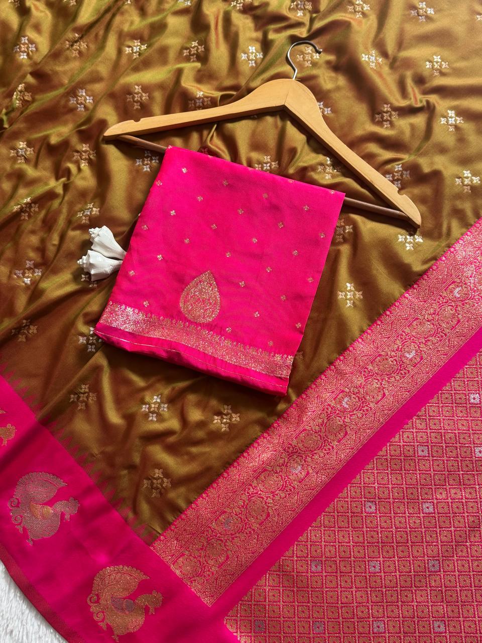 Antique Olive Gold Luxury Silk Saree with Rani Pink Banarasi Peacock Border & Silver Zari Buttas