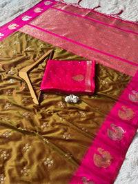 Antique Olive Gold Luxury Silk Saree with Rani Pink Banarasi Peacock Border & Silver Zari Buttas