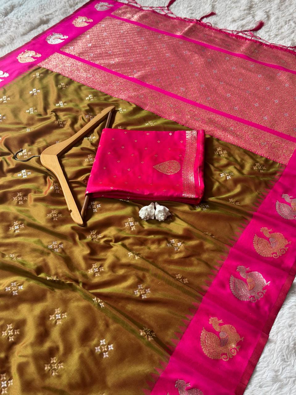 Antique Olive Gold Luxury Silk Saree with Rani Pink Banarasi Peacock Border & Silver Zari Buttas