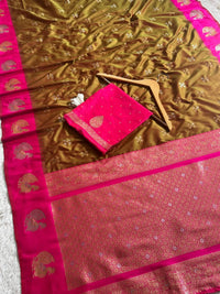 Antique Olive Gold Luxury Silk Saree with Rani Pink Banarasi Peacock Border & Silver Zari Buttas