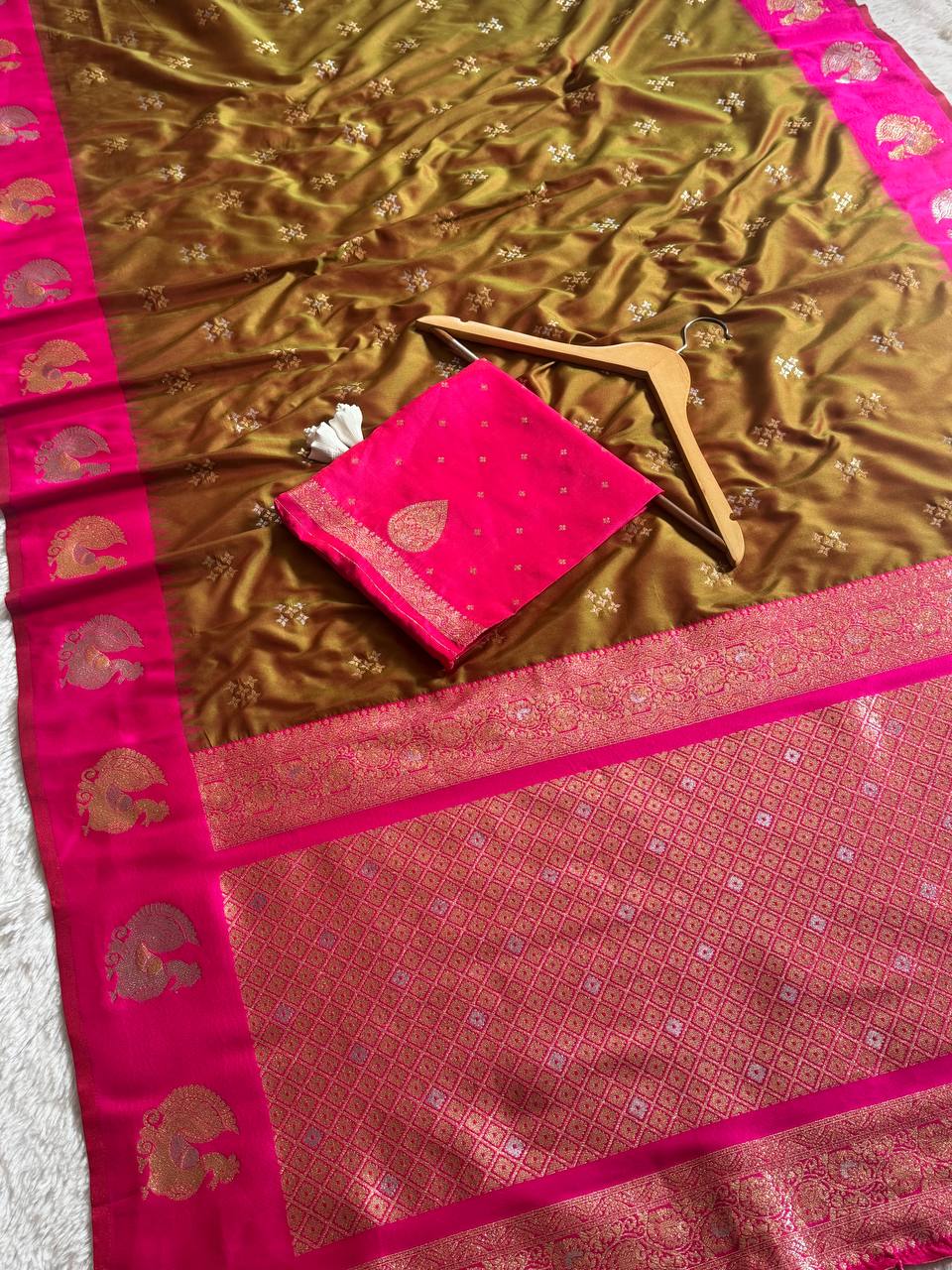 Antique Olive Gold Luxury Silk Saree with Rani Pink Banarasi Peacock Border & Silver Zari Buttas