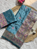 Muted Teal Blue Luxury Silk Saree with Multicolour Banarasi Border & Zari Butta Motifs