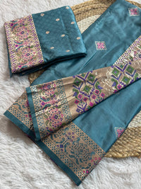 Muted Teal Blue Luxury Silk Saree with Multicolour Banarasi Border & Zari Butta Motifs