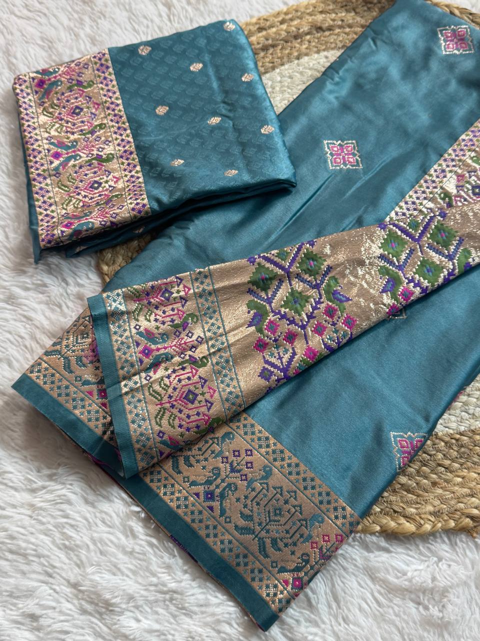 Muted Teal Blue Luxury Silk Saree with Multicolour Banarasi Border & Zari Butta Motifs