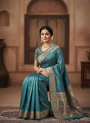 Muted Teal Blue Luxury Silk Saree with Multicolour Banarasi Border & Zari Butta Motifs