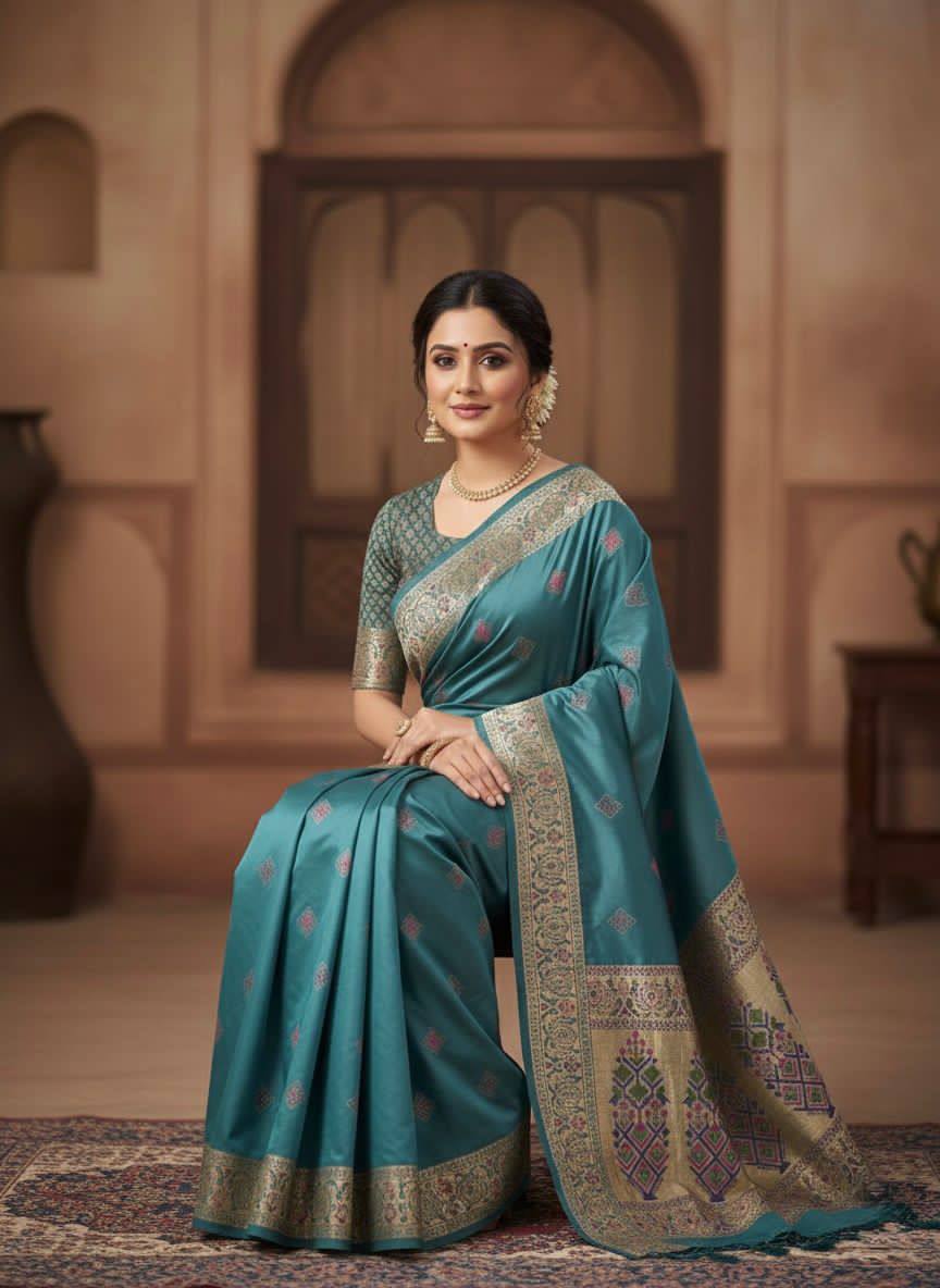 Muted Teal Blue Luxury Silk Saree with Multicolour Banarasi Border & Zari Butta Motifs