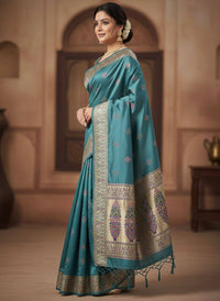 Muted Teal Blue Luxury Silk Saree with Multicolour Banarasi Border & Zari Butta Motifs
