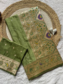 Sage Olive Green Luxury Silk Saree with Antique Gold Multicolour Banarasi Border & Zari Butta Motifs