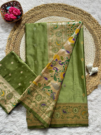 Sage Olive Green Luxury Silk Saree with Antique Gold Multicolour Banarasi Border & Zari Butta Motifs